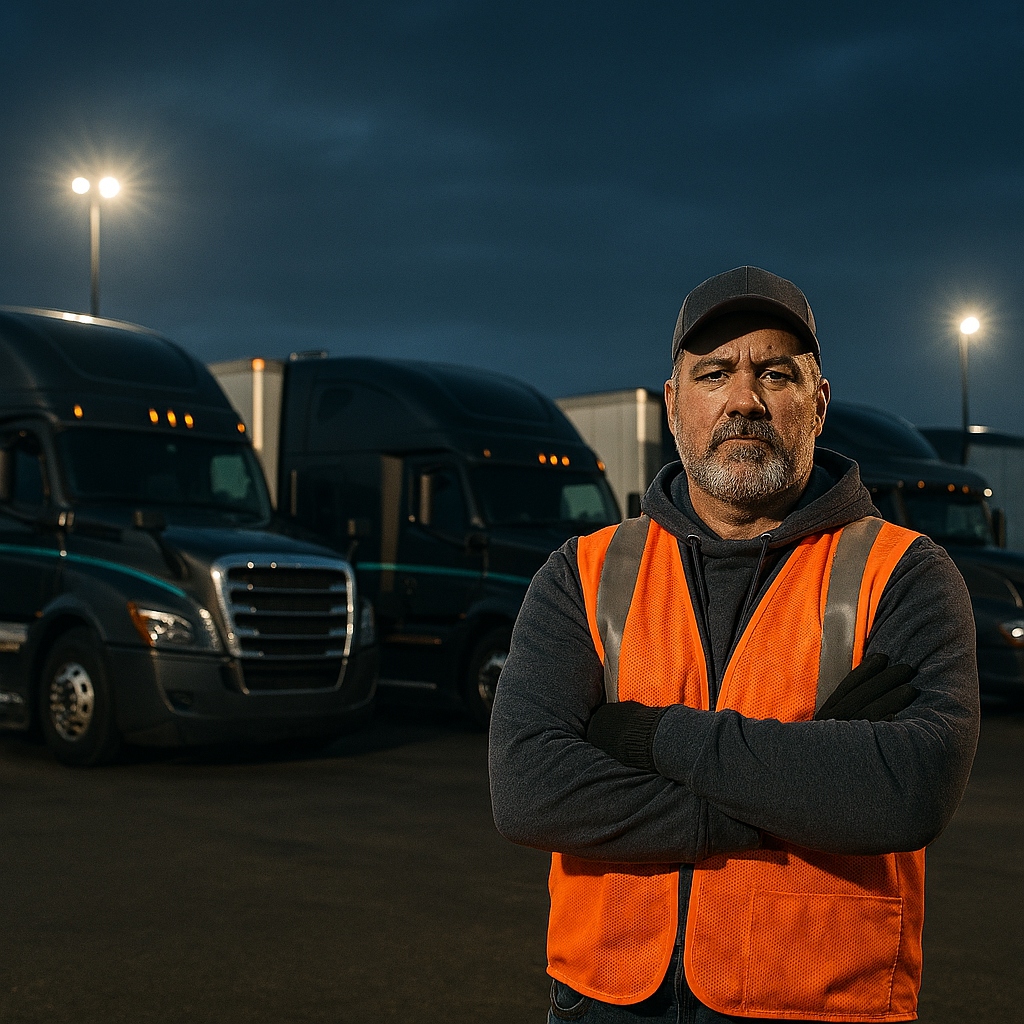 Truck driver wearing a safety vest standing in front of multiple modern semi trucks at night in a U.S. truck yard